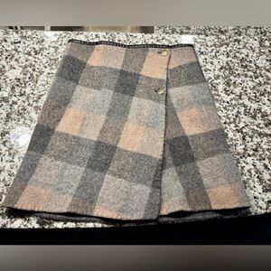 Vintage Japanese Plaid Wool Blend Mini Wrap Skirt - Gray and Cream